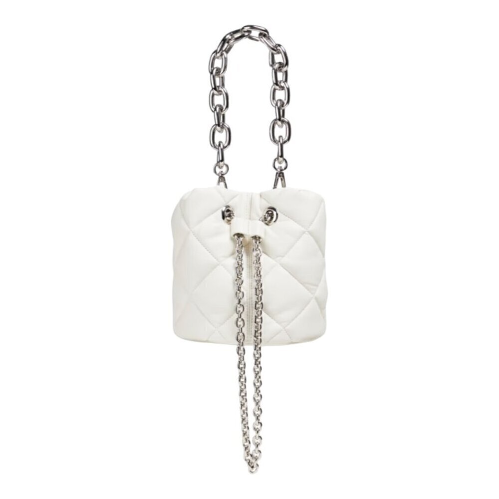 STAND STUDIO Yvette Diamond Quilted Bucket Bag, White | Silver, NWT